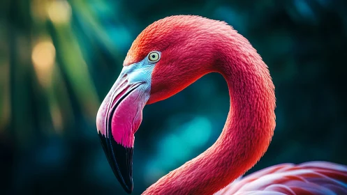 Vibrant close-up of flamingo in lush nature, photorealistic style.