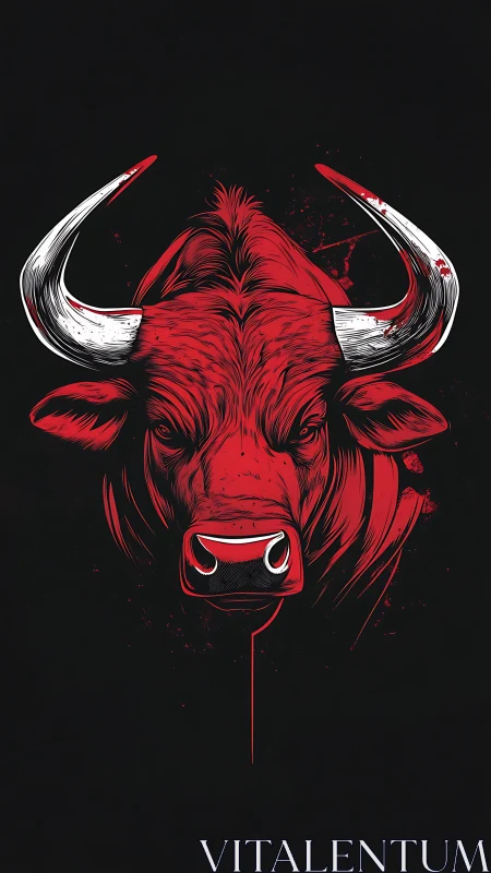 Red bull portrait with graphic inked horns on black field.