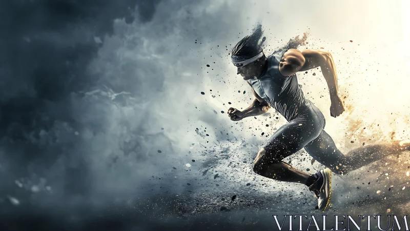 Powerful sprinter charging forward in a storm of energy.