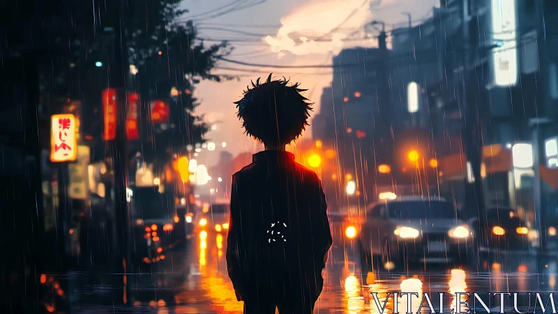 Silhouetted youth in neon-lit rainstorm observes urban traffic