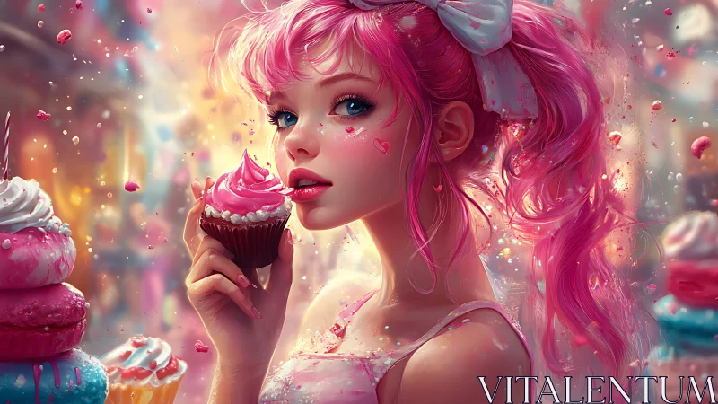 Candy-blush daydream girl savoring a frosting-swirled cupcake.