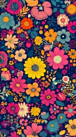 Cheerful Blooming Floral Garden on Vibrant Navy Blue