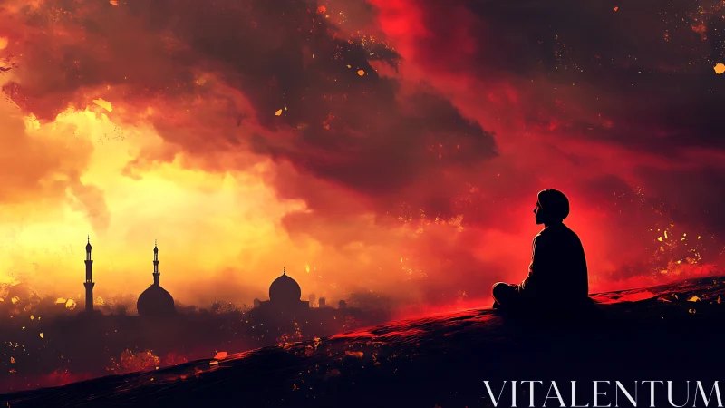 Solitary dreamer kindles calm beneath a burning celestial sky