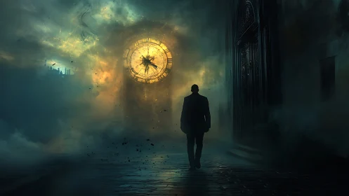 Man walks toward exploding clock in eerie mist-filled corridor.