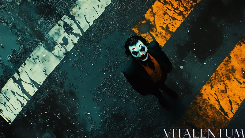 Painted clown figure stands alone on wet urban crosswalk