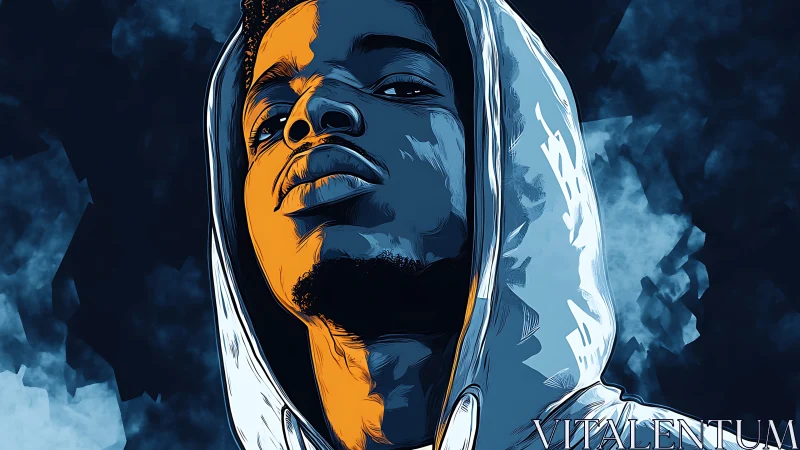 Hooded man rendered in high contrast blue and orange lighting