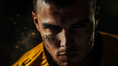 Low-key portrait isolates intense tattooed athlete in sparks