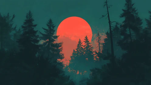 Crimson moonrise illuminating misty evergreen forest silhouettes.