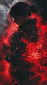 Ember-clad warrior broods within a storm of living fire.