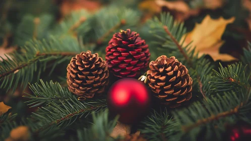 Cozy pinecones and red bauble nestled in winter greenery.