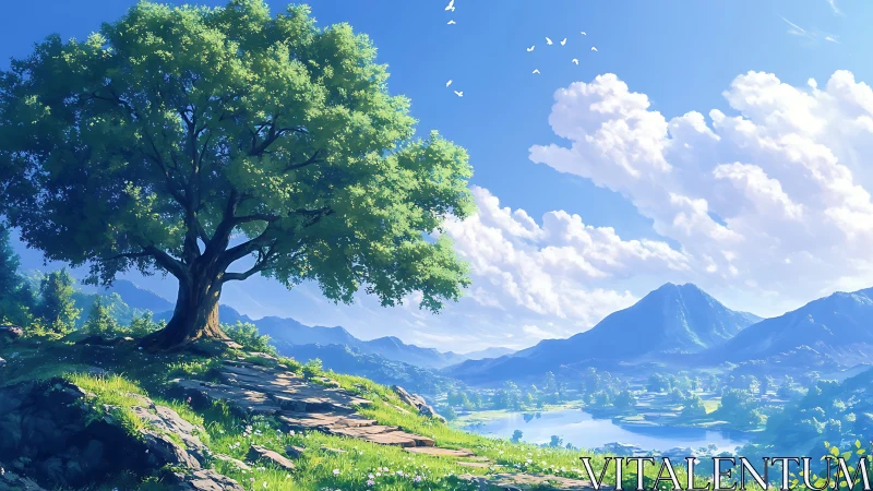 Sunlit hillside tree watching over quiet blue mountains.
