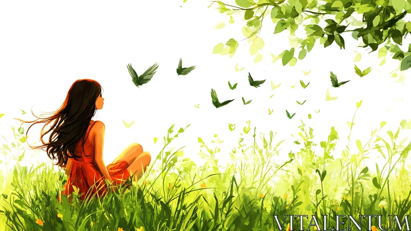 Backlit girl in red dress observes stylized foliage and birds