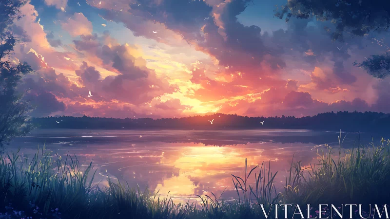 Sunset light reflects across tranquil lakeside horizon