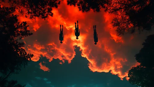 Skywalkers drifting through an upside-down burning dusk.