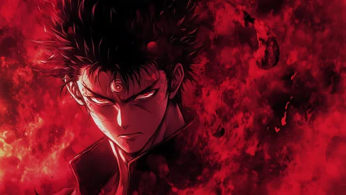 Demonic warrior emerges through crimson inferno storm.