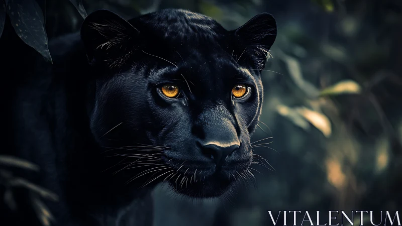 Black Panther Portrait with Luminous Golden Eyes in Shadows