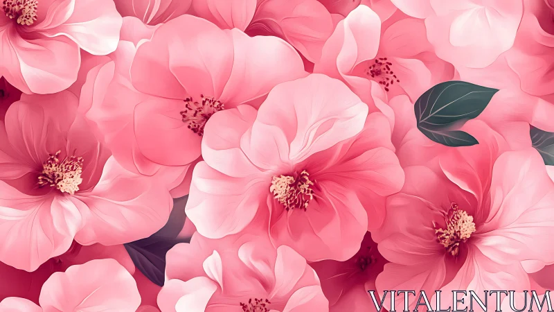 Pink flowers with layered petals and gold stamens display overlapping composition