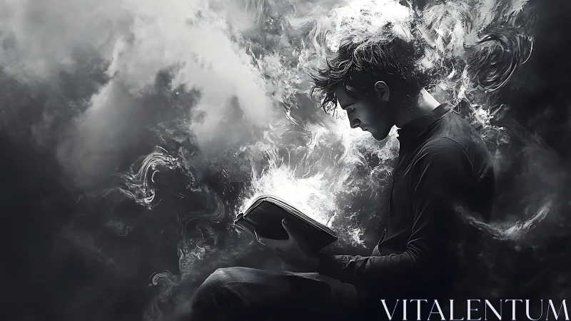 Storm-dream reader adrift in swirling monochrome magic.