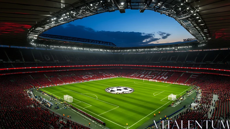 Glowing soccer stadium welcomes fans under a gentle twilight sky
