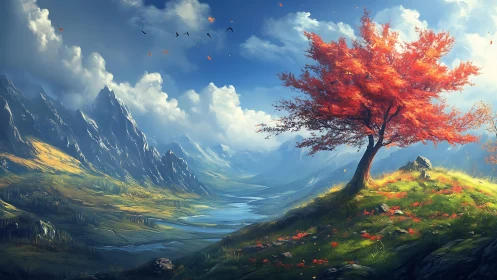 Scarlet hilltop tree blazing over misty river valleys.