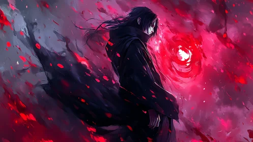 Dark cloaked figure stands before swirling red energy field