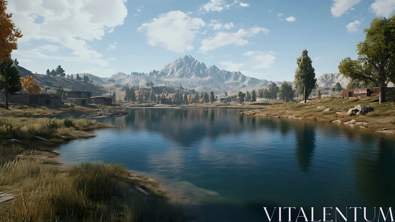 Mountain lake with scattered cabins under clear sky.