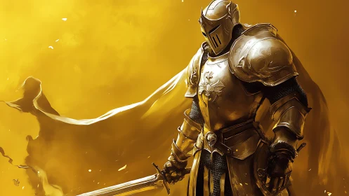 Armored knight with sword in monochrome golden field.