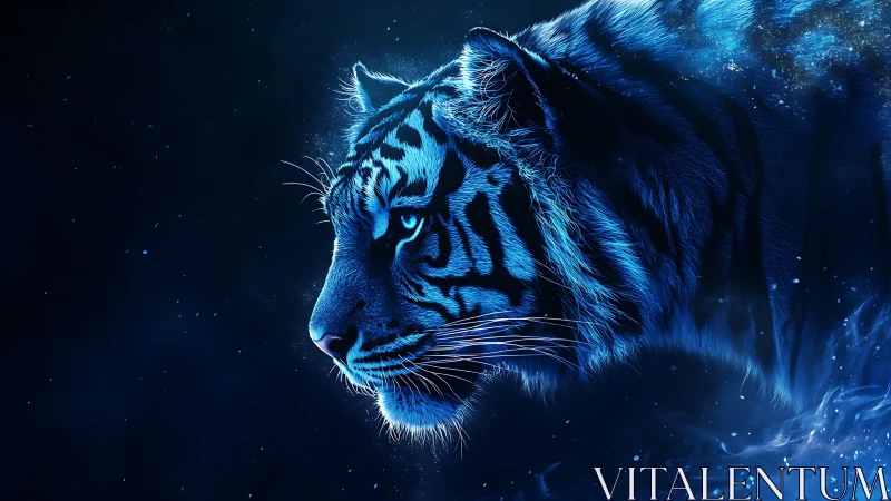 Luminous blue tiger profile in cosmic night haze.