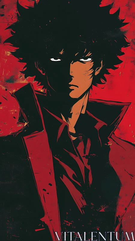 Brooding anime antihero in stark red noir palette.