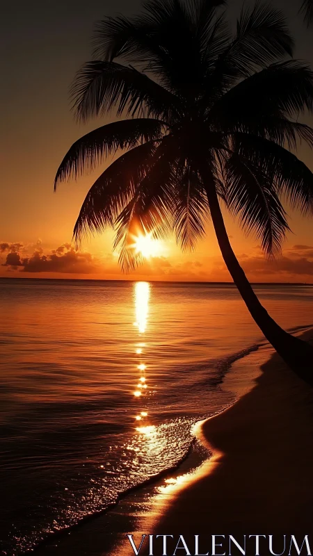 Palm tree silhouette against calm tropical sunset shore.