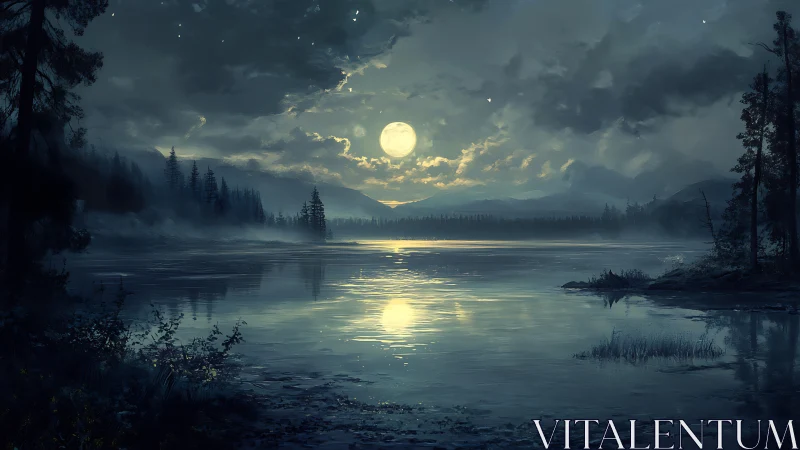 Digital painting of moonlit alpine lake with atmospheric depth.