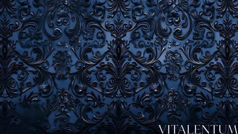 Dark blue ornamental relief pattern forms repeating layout