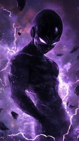Shadowed cosmic warrior with intense violet energy aura.