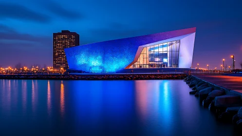 Neon harbor pavilion glows over glassy blue waterfront night.