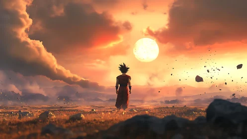 Sunset warrior strolling through a stormlit glowing horizon.