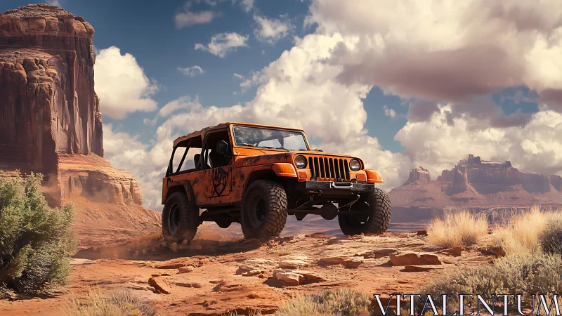 Dusty orange off road jeep rolls boldly through desert canyon