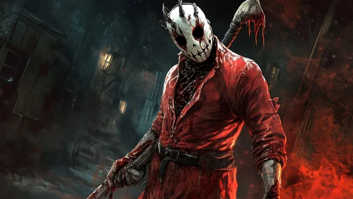 Masked killer in bloodstained red coat amid burning alley.