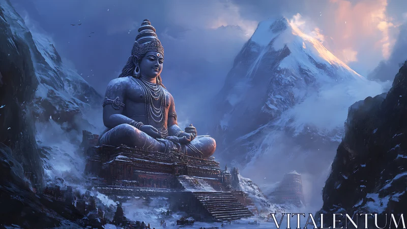 Colossal Shiva statue in luminous snowy Himalayan valley.