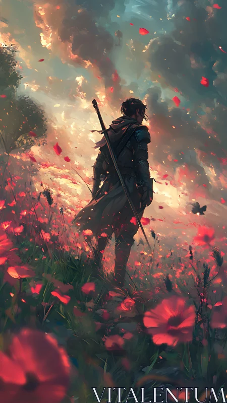 Solitary wanderer pauses in glowing poppy field at dusk