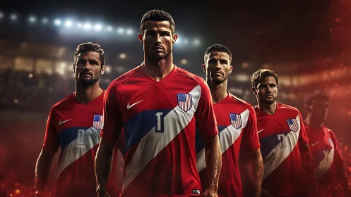 Photorealistic soccer lineup in red USA kits under stadium lights