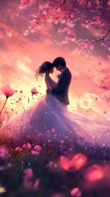 Romantic couple embracing in dreamy pink flower field.