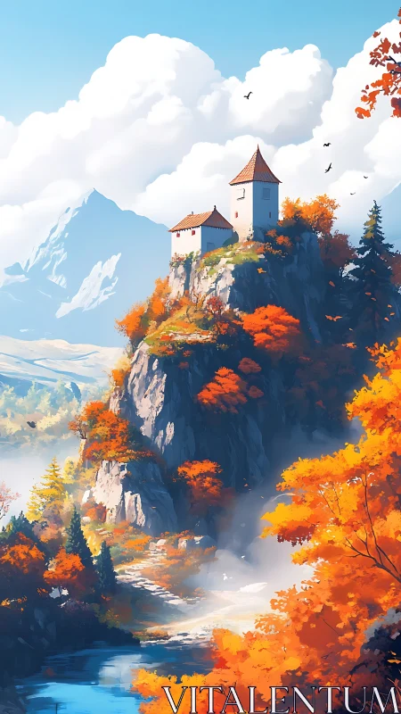 Autumnal cliffside keep above misted river valley panorama.