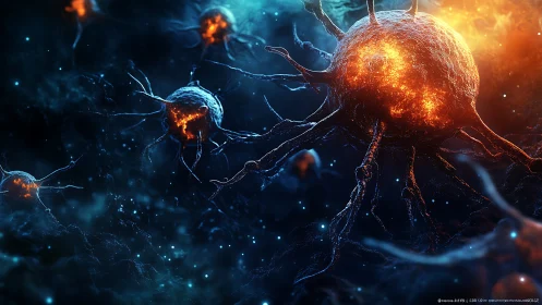 Luminous neural cells in deep cosmic blue microenvironment.