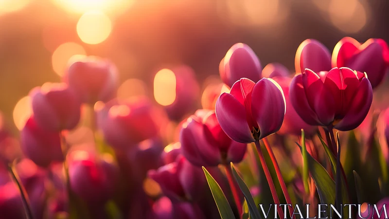Crimson Tulips Bathed in Golden Hour Reverie.