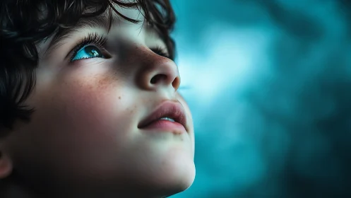Young Face Upturned Blue Eyes Illuminated Sky.