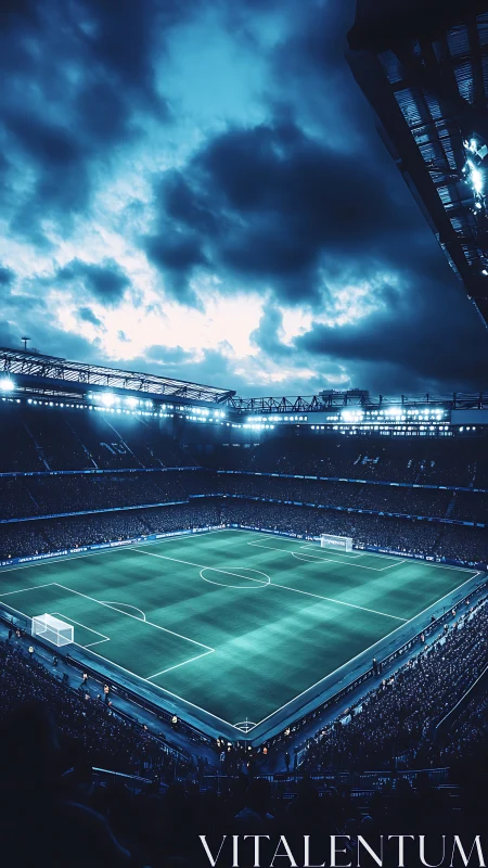 Floodlit football stadium viewed at night under heavy clouds