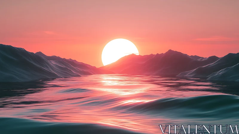 Neon sun sinks behind stylized waves in a tranquil seascape