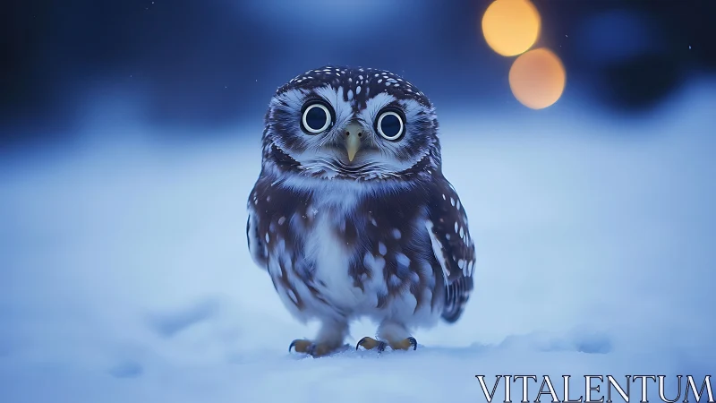 Cute wide-eyed owl in snowy landscape at dusk, whimsical style.