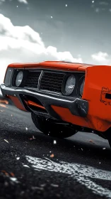 Low-angle render of orange vintage muscle car in motion