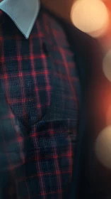 Plaid Shirt Detail Under Warm Bokeh Light.